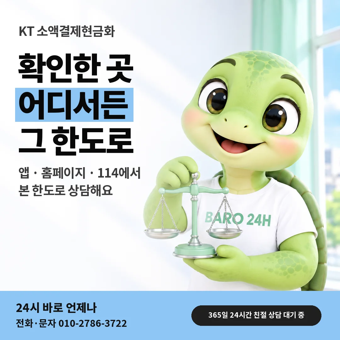 저울을 든 BARO 24H 티셔츠를 입은 3D 거북이 캐릭터 옆에 「KT 한도 확인 곳 안내」 제목을 얹은 안내 카드