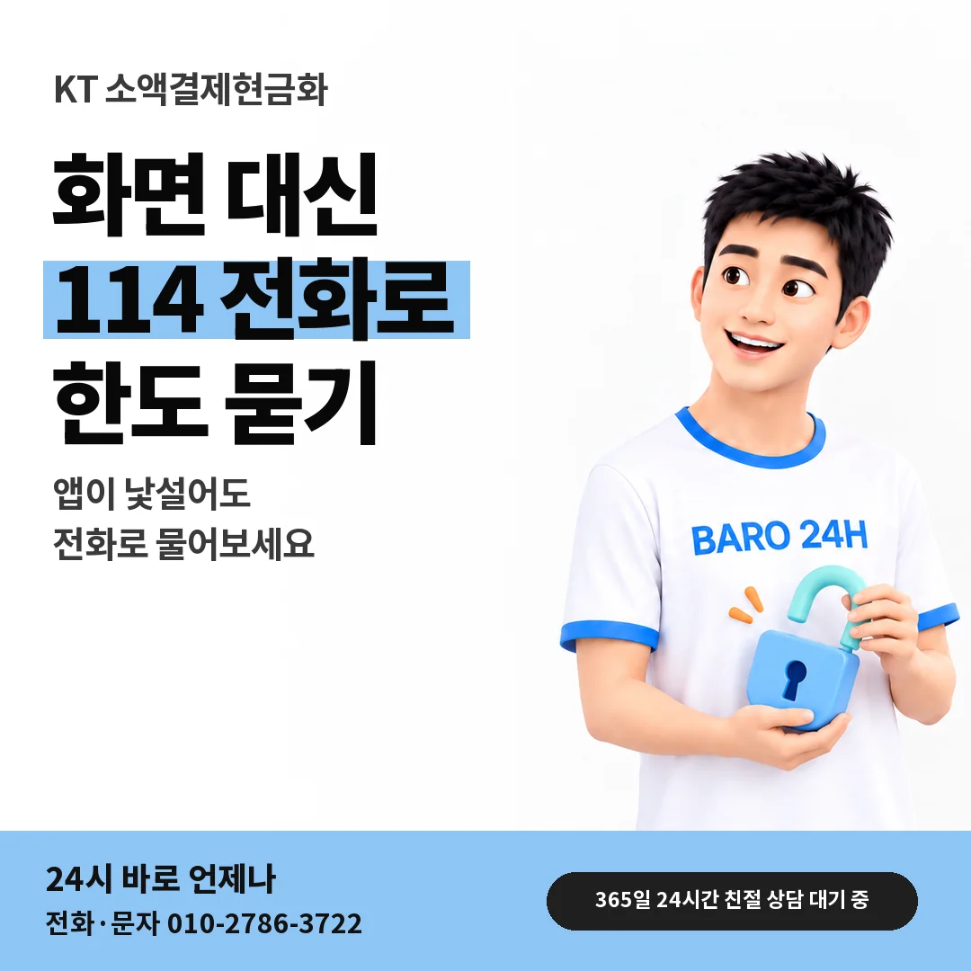 BARO 24H 티셔츠를 입은 3D 인물 옆에 「KT 고객센터 114 문의」 제목을 얹은 안내 카드