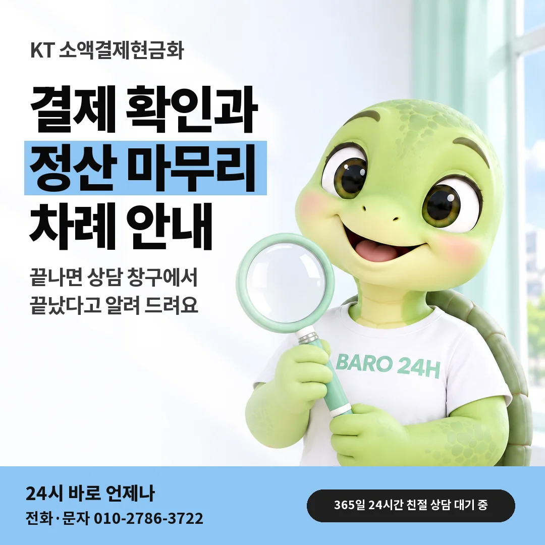 돋보기를 든 BARO 24H 티셔츠를 입은 3D 거북이 캐릭터 옆에 「KT 결제 확인과 정산」 제목을 얹은 안내 카드